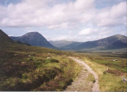 AK28	The view north towards Glen Coe, with the White Corries, Kings House hotel and Stob Dearg visible.