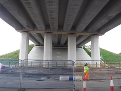P2019DSCF3922	Underneath an aproach viaduct to the Mersey Gateway Bridge.