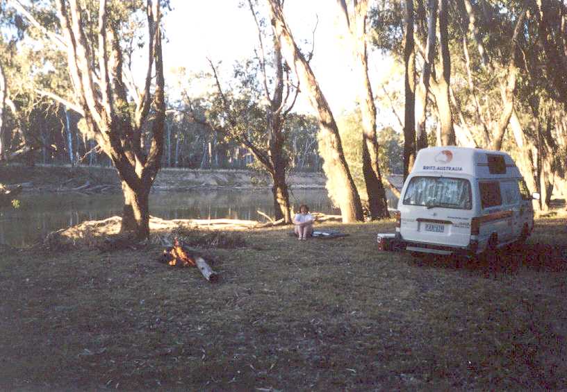 The campervan at the campsite beside the Murray River at Cobram.