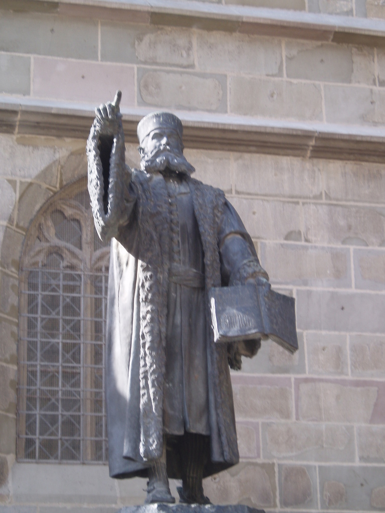 A statue outside Brasov cathedral.