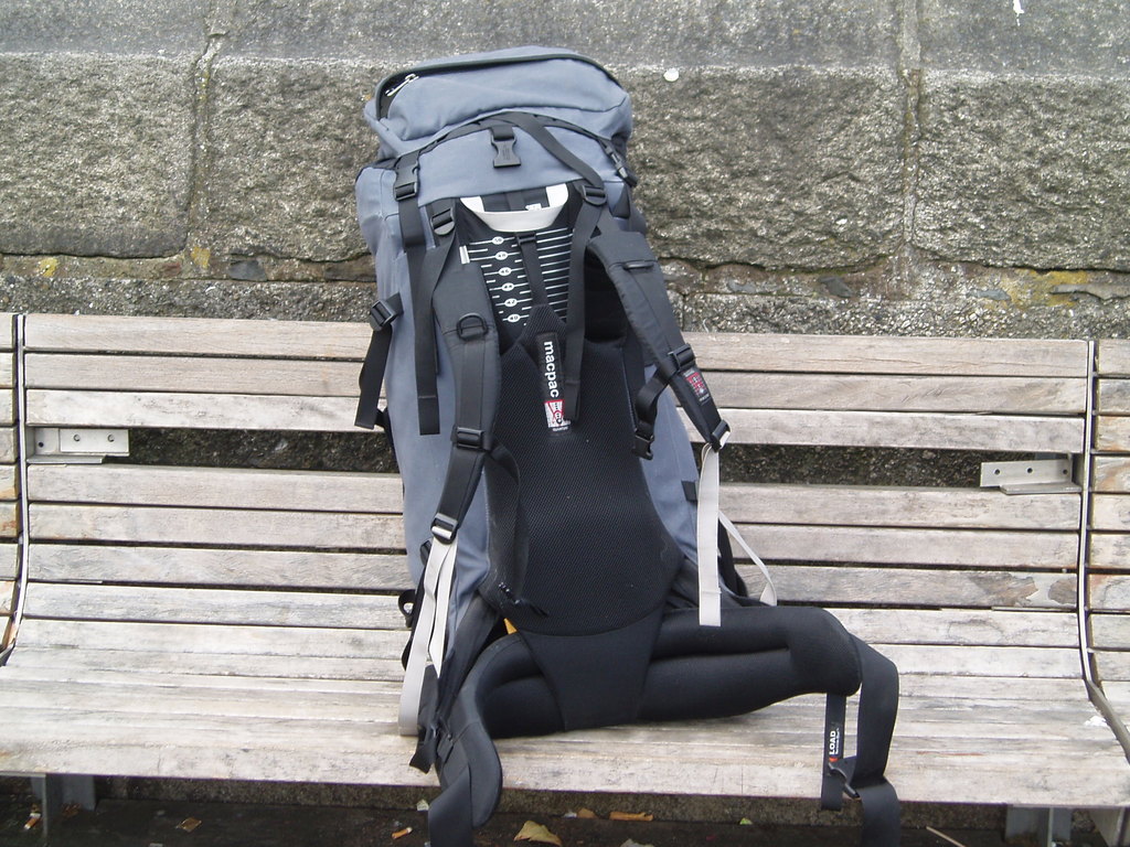 My rucksack on a bench by the Liffey in Dublin.