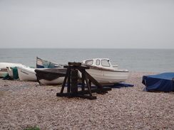 P2011DSC07202	Fishing boats on the beach in Budleigh Salterton.